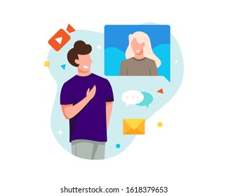 Vector illustration Young men talk to women in bubble chat. Concept of online communication technology, Chat or video call flat vector illustration