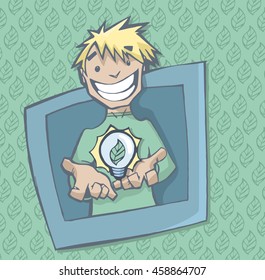 Vector illustration of a Young men in a window holding a big bulb with a leaf in it.