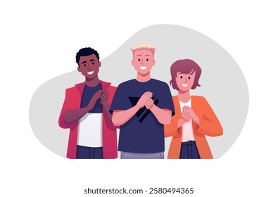 Vector illustration of young men and woman, different ethnicity, applauding. Happy characters clapping hands. Appreciation, success, teamwork. Close-up. Flat style. Isolated background.