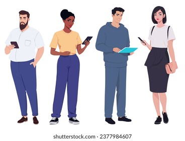 Vector illustration of young men and women with gadgets in casual attire