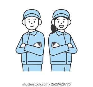 Vector illustration of young men and women in work clothes with their arms crossed