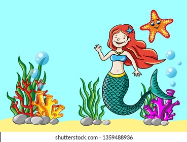 Vector illustration of young mermaid in the sea.