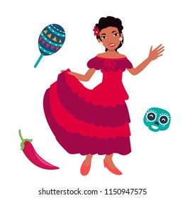 Vector illustration of young mexican women dancing with traditional costume