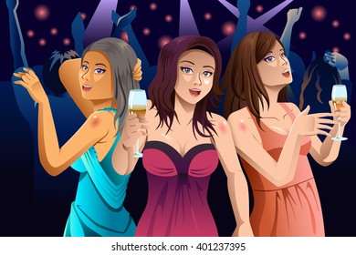 A vector illustration of young modern happy women dancing in a club