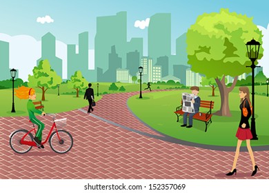 A vector illustration of young modern trendy people in a city park doing activities