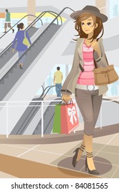 A vector illustration of a young modern woman shopping in a shopping mall