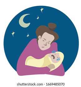 Vector Illustration Of A Young Mom Puts The Newborn To Bed.  The Baby Cries And Does Not Want To Sleep At Night.  A Tired Mother Cradles A Crying Baby. Colic Bothers A Newborn Baby