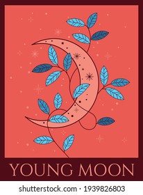 ilustración vectorial de la luna y las hojas jóvenes, paleta de contraste naranja y azul
