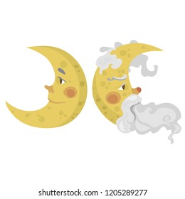 Vector illustration of young moon and old moon with beard  on white. Child illustration.