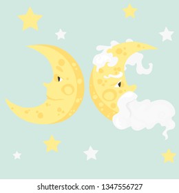 Vector illustration of young moon and old moon with beard on white. Child illustration.