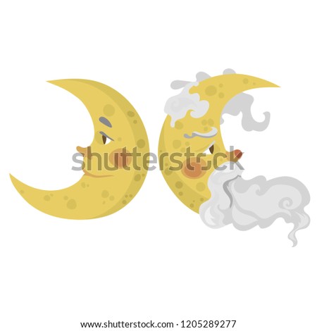 Vector illustration of young moon and old moon with beard  on white. Child illustration.