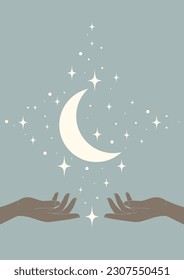 Vector illustration of young moon and stars mystic poster. Outer space with hands