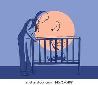 Vector Illustration Of A Young Mother And Baby In Crib At Night. Woman Leaned Over To Child, The Child Pulls Hands To Mom. Flat Cartoon Style