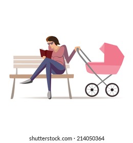 Vector illustration of a young mother with buggy reading a book on a park bench