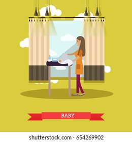 Vector illustration of young mother changing diaper and swaddling her newborn baby. Childcare concept flat style design element.