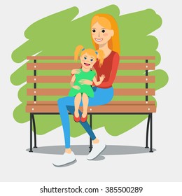 Vector illustration of young mother with daughter sitting on a bench. Rest and outdoor quiet time.