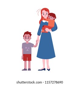 Vector illustration of young mother with her two children isolated on white background. Smiling woman holding one child in her arms and other with his hand in flat style.