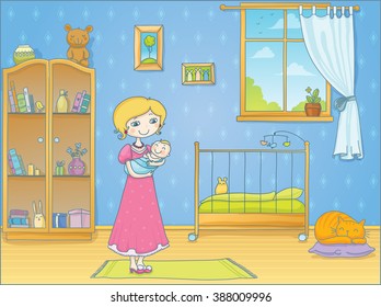 Vector illustration of a young mother with her cute baby in a light cozy nursery