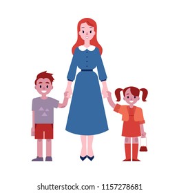 Vector illustration of young mother holding her children hands isolated on white background. Smiling caucasian woman and her little kids boy and girl in flat style for happy family concept.