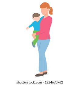 Vector illustration of a young mother holding her baby. Isolated white background. Mom stands and holds the child in her arms. Flat style.