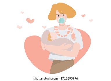 Vector illustration of a young mother holding a cute baby on Mother's Day