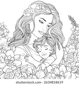 Vector Illustration, а young mother is holding a child in her arms, Mother's Day, coloring