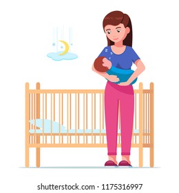 Vector illustration of a young mother laying a sleeping newborn in a cot. Woman is holding a sleeping baby in her arms next to a baby crib. Girl and a sleeping infant. Flat style.