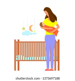 Vector illustration of a young mother laying a sleeping newborn in a cot. Woman is holding a sleeping baby in her arms next to a baby crib. Girl and a sleeping infant. Flat style. illustration