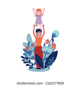 Vector illustration of young mother playing with her child isolated on white background with floral decorations - smiling woman toss up her joyful baby girl in flat style for happy family concept.
