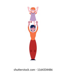 Vector illustration of young mother playing with her child isolated on white background. Smiling woman toss up her joyful baby girl in flat style for happy family concept.