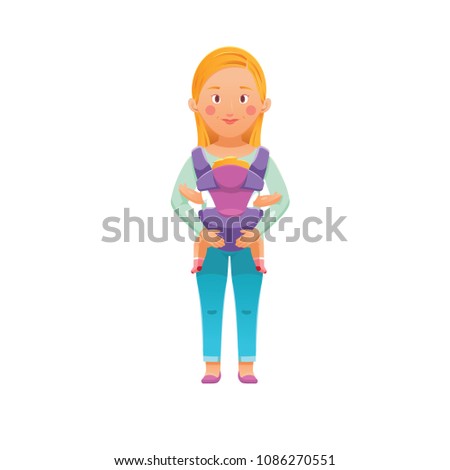 vector illustration young mother with son or daughter toddler in a sling