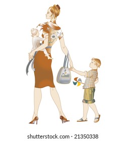 Vector illustration of young mother walking with her childrens.