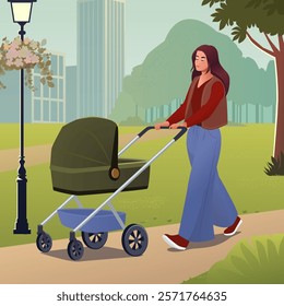 A vector illustration of a young mother walking through a serene park with a stroller. The woman is dressed in casual attire, enjoying a peaceful stroll surrounded by greenery, trees, and subtle urban