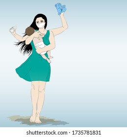 Vector illustration of Young Multitasking super mother with mask