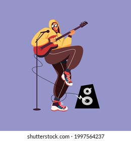 Vector illustration of young musician instrument playing guitar and also singing.