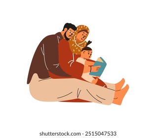 Ilustración vectorial de una joven familia musulmana: madres, padres y un niño que están sentados abrazando y leyendo un libro. El concepto de felicidad en la vida familiar