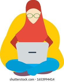 vector illustration of a young Muslim woman wearing red scarf, red jacket and blue jeans, sitting on the floor using laptop computer