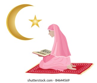 vector illustration of a young muslim woman reading the koran in eps 10 format