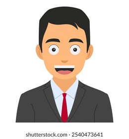 Vector illustration of a young office worker smiling, wearing a formal suit, isolated on a white background, avatar design, portrait flat cartoon