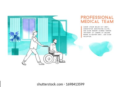 Vektorillustration-Illustration von jungen Paramedikern fährt alten Mann in einem Rollstuhl.  Skizze und Aquarellgrafik.