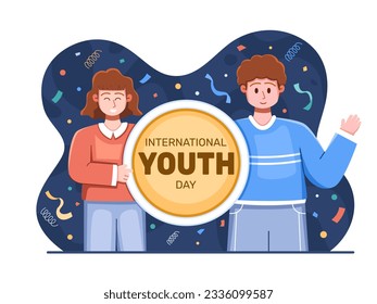 Vector illustration young people Celebrate International Youth Day with rejoicing together while holding a banner. This represents the unity and diversity of youth from around the world.