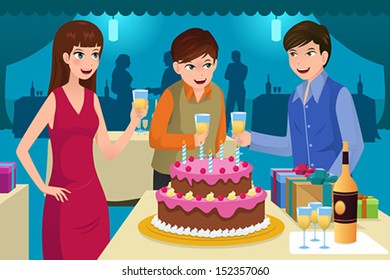 A Vector Illustration Of Young People Celebrating A Birthday Party