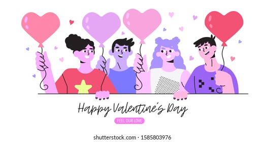 Vector illustration of young people celebrating Valentine's Day together at party with baloons. Double date concept with cute characters for greeting card, banner, flyer, poster, landing page design.