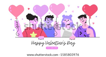 Vector illustration of young people celebrating Valentine's Day together at party with baloons. Double date concept with cute characters for greeting card, banner, flyer, poster, landing page design.