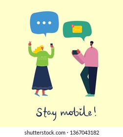 Vector illustration of young people characters chatting, using smartphone for Website or Web Page. Concept of virtual communication and social network page.