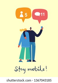 Vector illustration of young people characters chatting, using smartphone for Website or Web Page. Concept of virtual communication and social network page.
