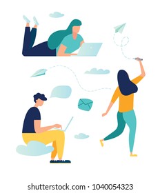 vector illustration, young people communicate through internet instant messengers, vector graphics group of people working with each other.  vector,friends' correspondence