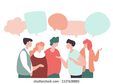 Vector illustration young people communicate, interact, discuss with speech bubbles in modern design style. Concept of teamwork, social networks, global communication