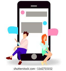 Vector illustration young people communicate, interact, discuss with speech bubbles in modern design style. Concept of teamwork, social networks, global communication