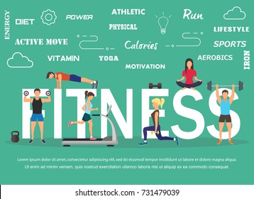Vector illustration of young people doing workout with equipment. Flat design